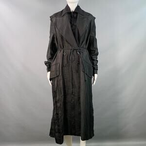 Size S Black Linen Blend Stripe Layered Double Breasted Trench Coat
